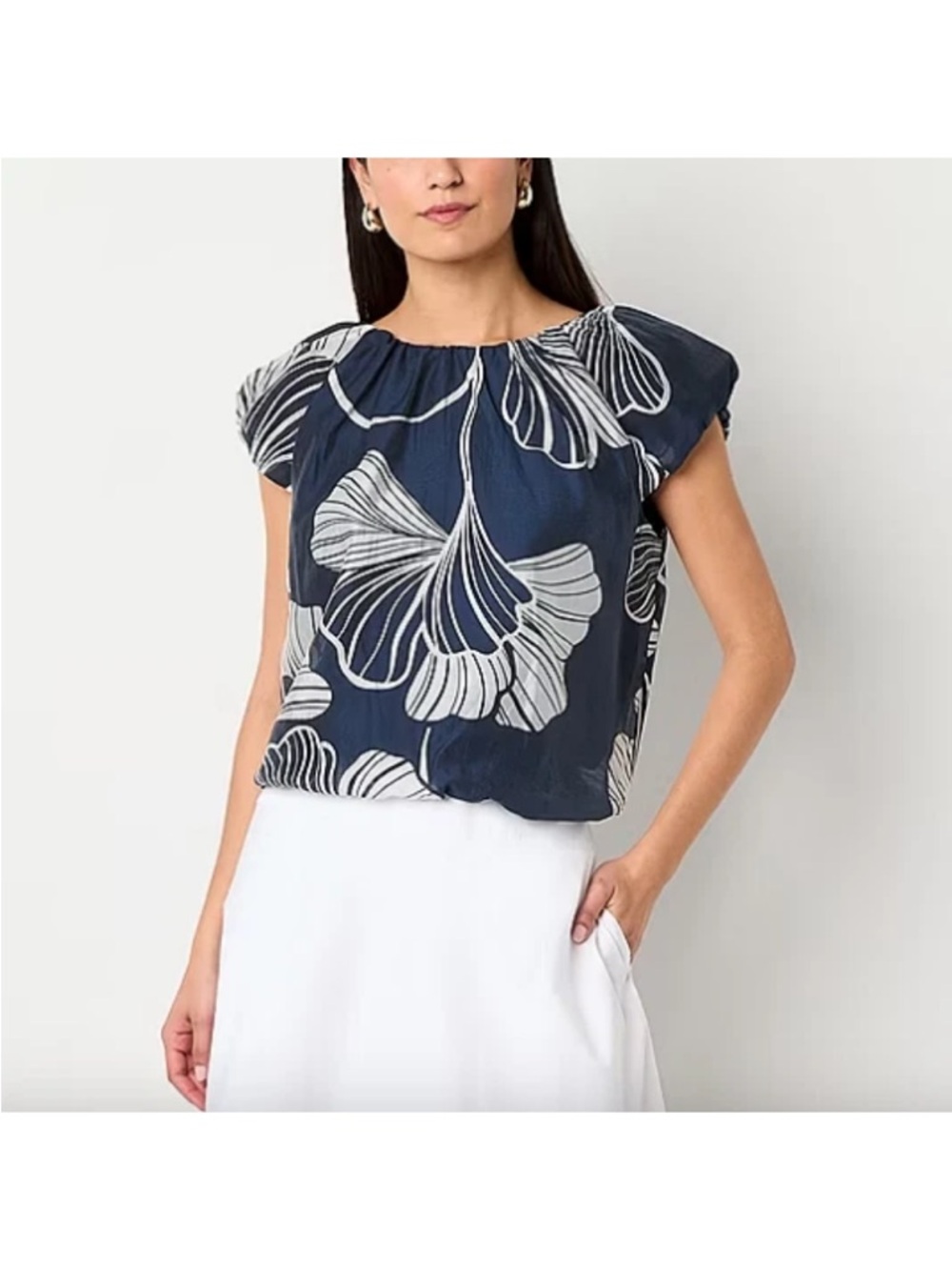Bubble Hem Blouse Navy Sheen Fabric w Silver Palm Leaf Print Cap-Sleeve. Comfy